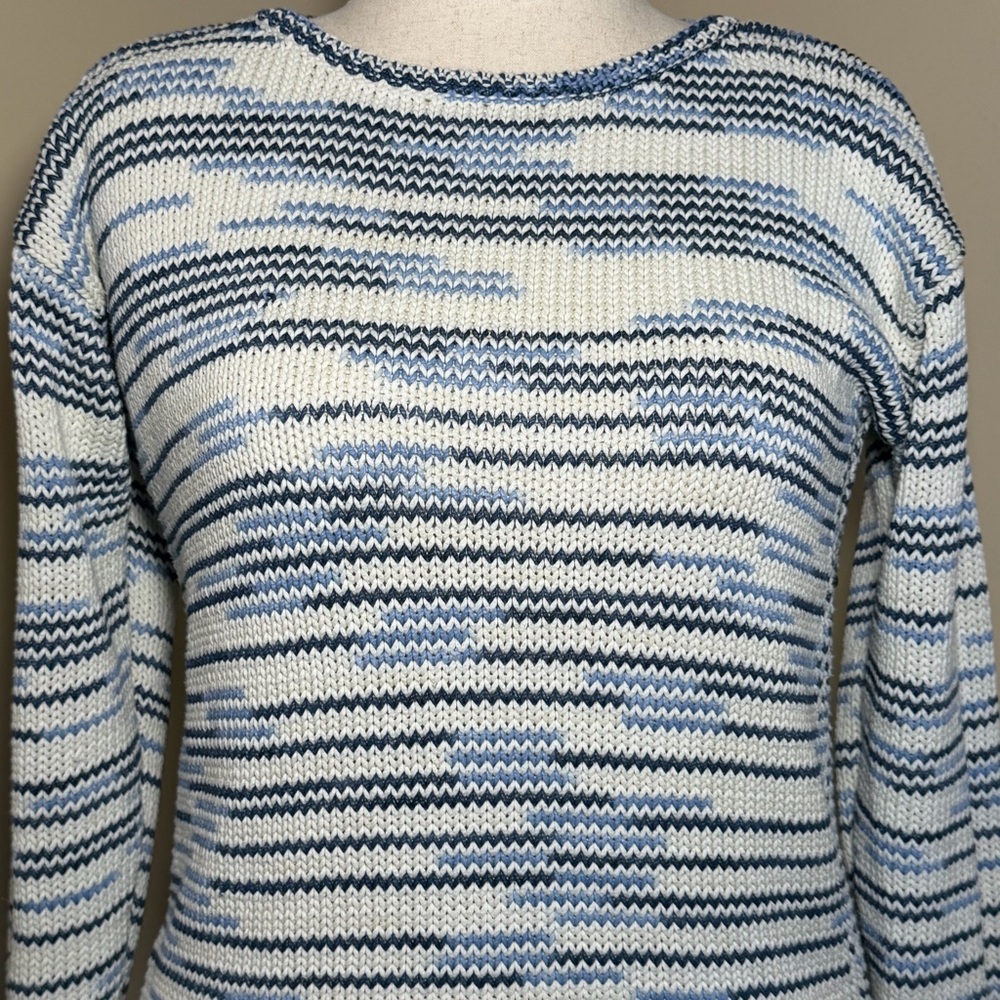 Talbots S Blue White Striped Open Knit Sweater Coastal Nautical Chic
